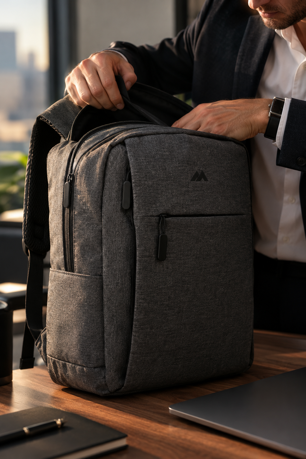 Mochila corporativa em uso, com compartimentos e acabamento em tecido cinza